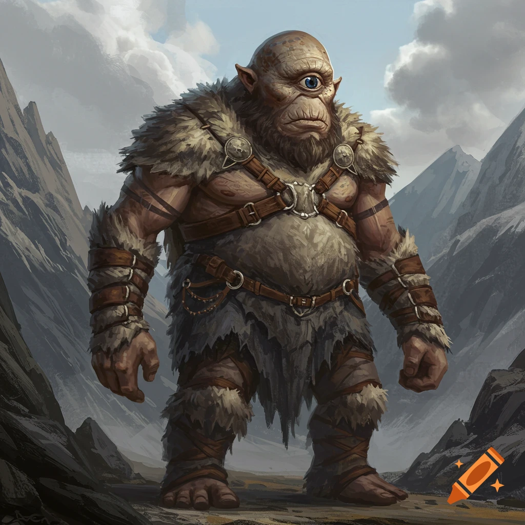 A large, furry cyclops creature wearing primitive armor stands in a mountain pass.