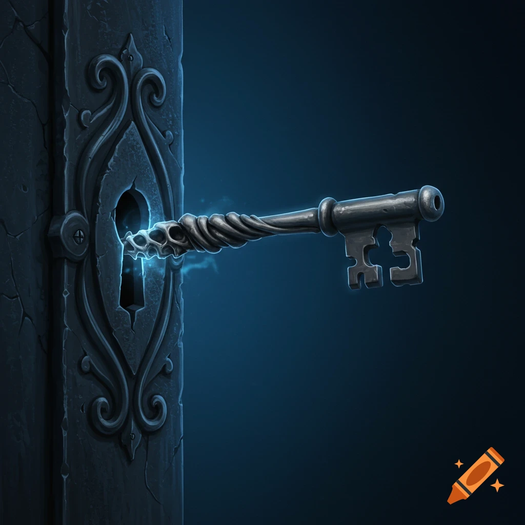 An ornate skeleton key enters a dark, carved keyhole, emitting a blue glow.
