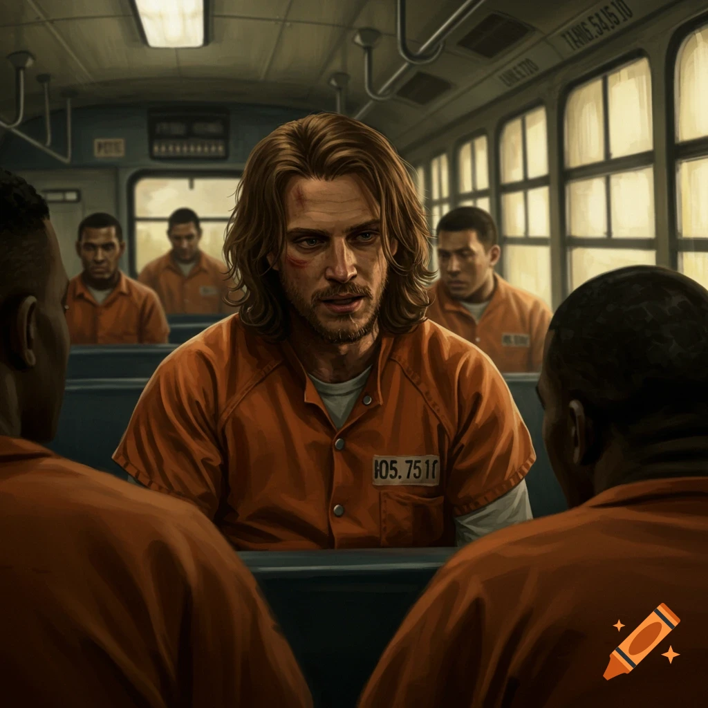 An illustration of a man with long hair on a prison bus talking to another man, surrounded by other inmates.