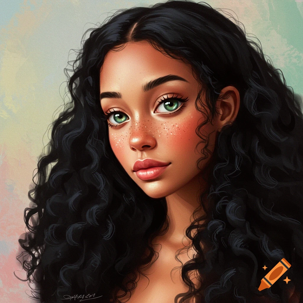 A close-up portrait of a young woman with long curly black hair, green eyes, and freckles.