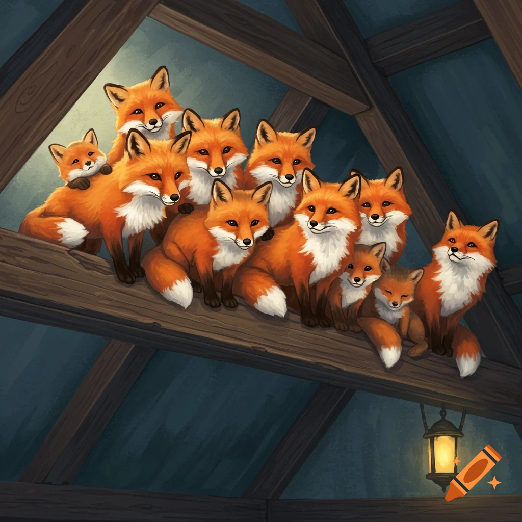 Illustration of many orange foxes sitting closely together on a wooden rafter.