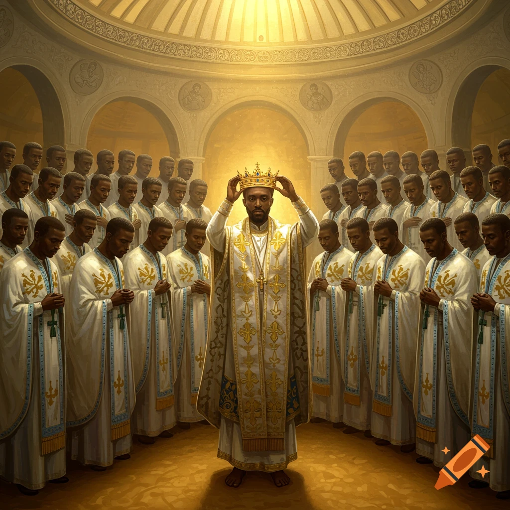 Man crowning himself in a dome, surrounded by men in white robes. Painting style.