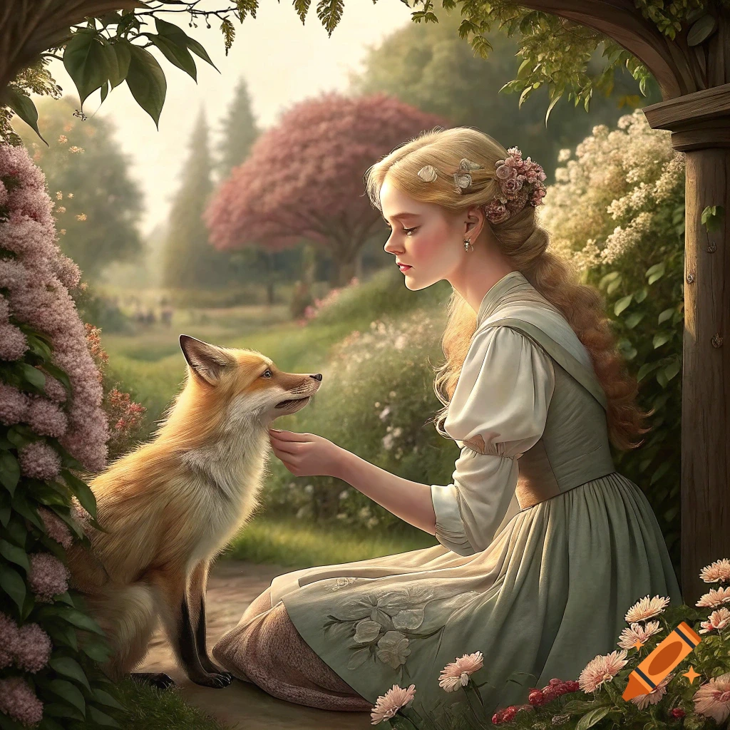 Realistic painting of a woman petting a fox in a lush garden.