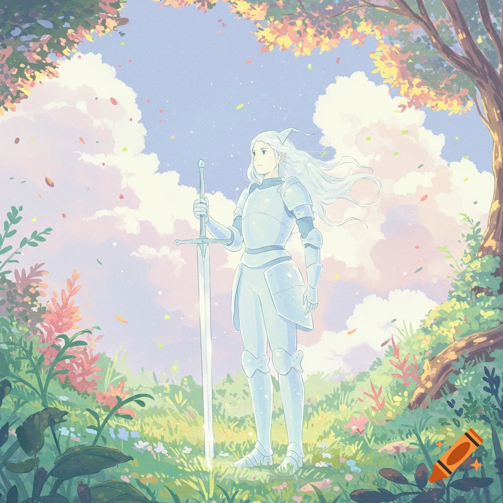 A fantasy knight in shining armor stands in a flower-filled meadow under a sunny sky, holding a sword, in a Ghibli art style.