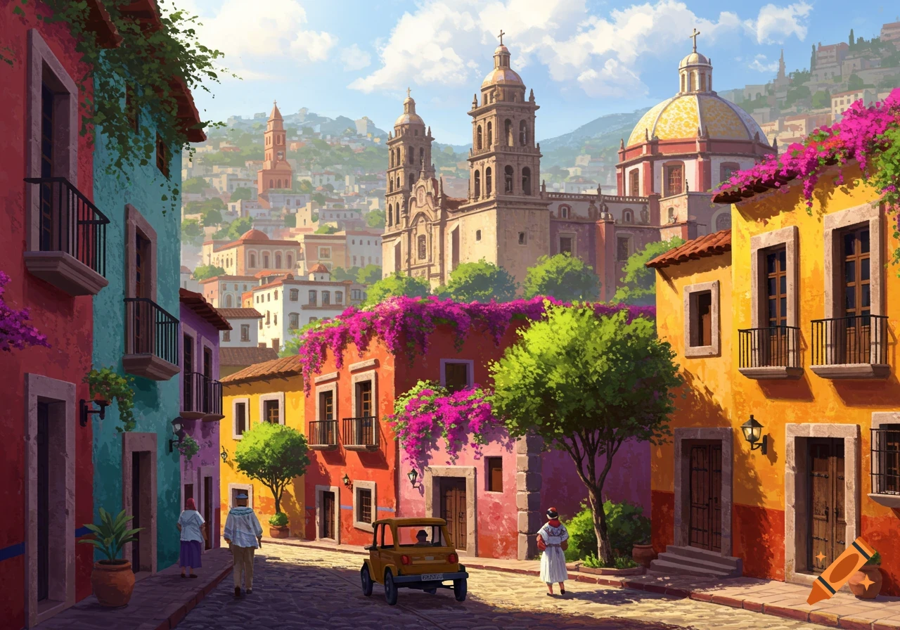 Vibrant street scene in a colorful Mexican city with buildings, people, and a car.