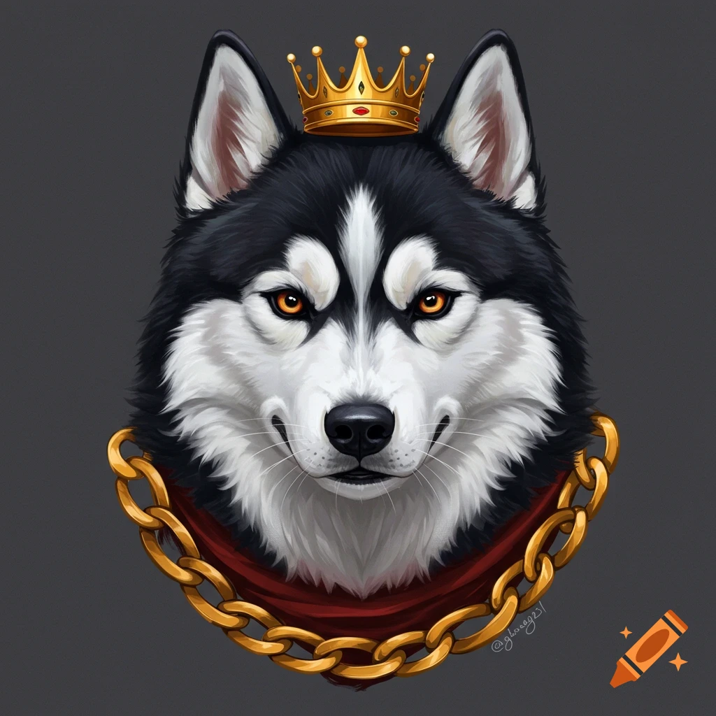 Stylized portrait of a black and white husky wearing a gold crown and chain.