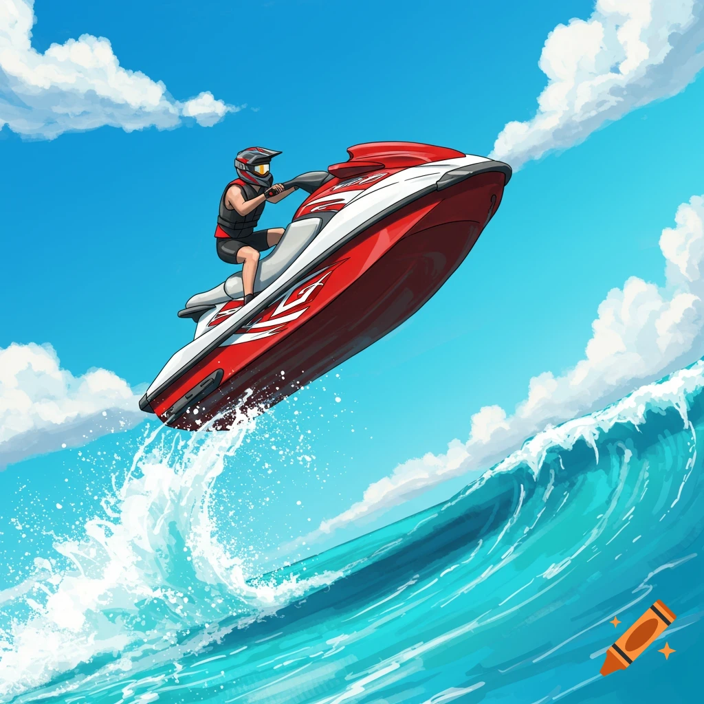 Stylized illustration of a person on a red and white jet ski jumping over a large blue wave.