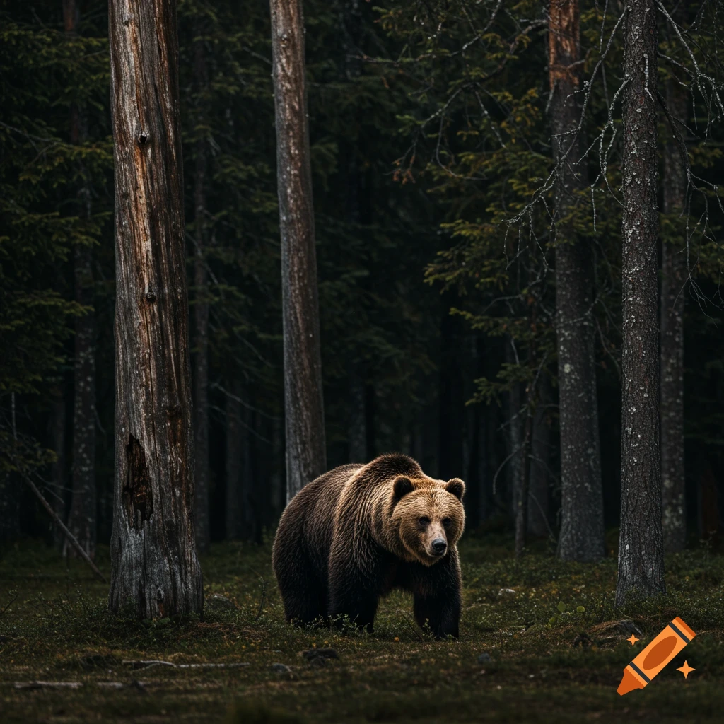 A brown bear walks through a dark forest.