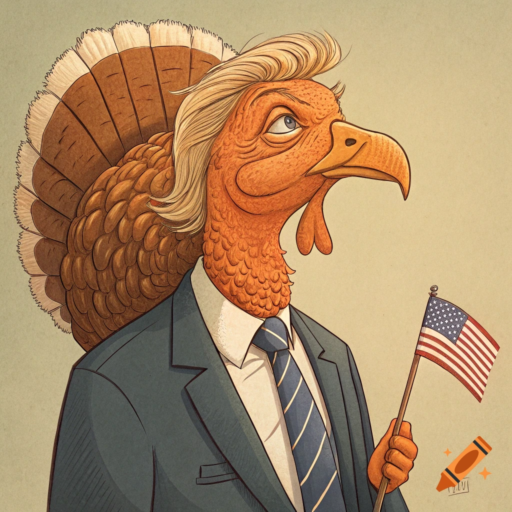 Illustration of a turkey with Donald Trump's hair wearing a suit and holding an American flag.