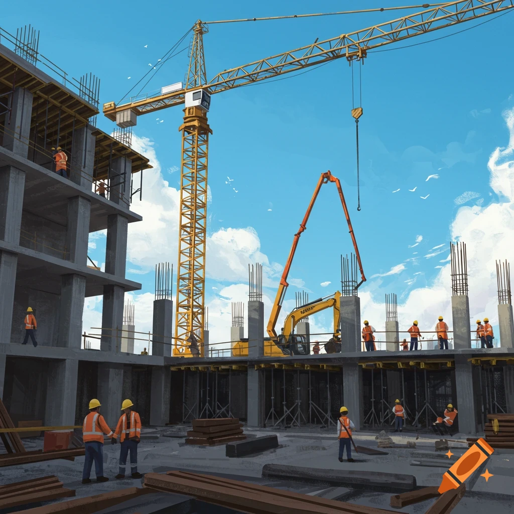 A stylized illustration of a construction site with workers, a crane, and a concrete pump under a blue sky.
