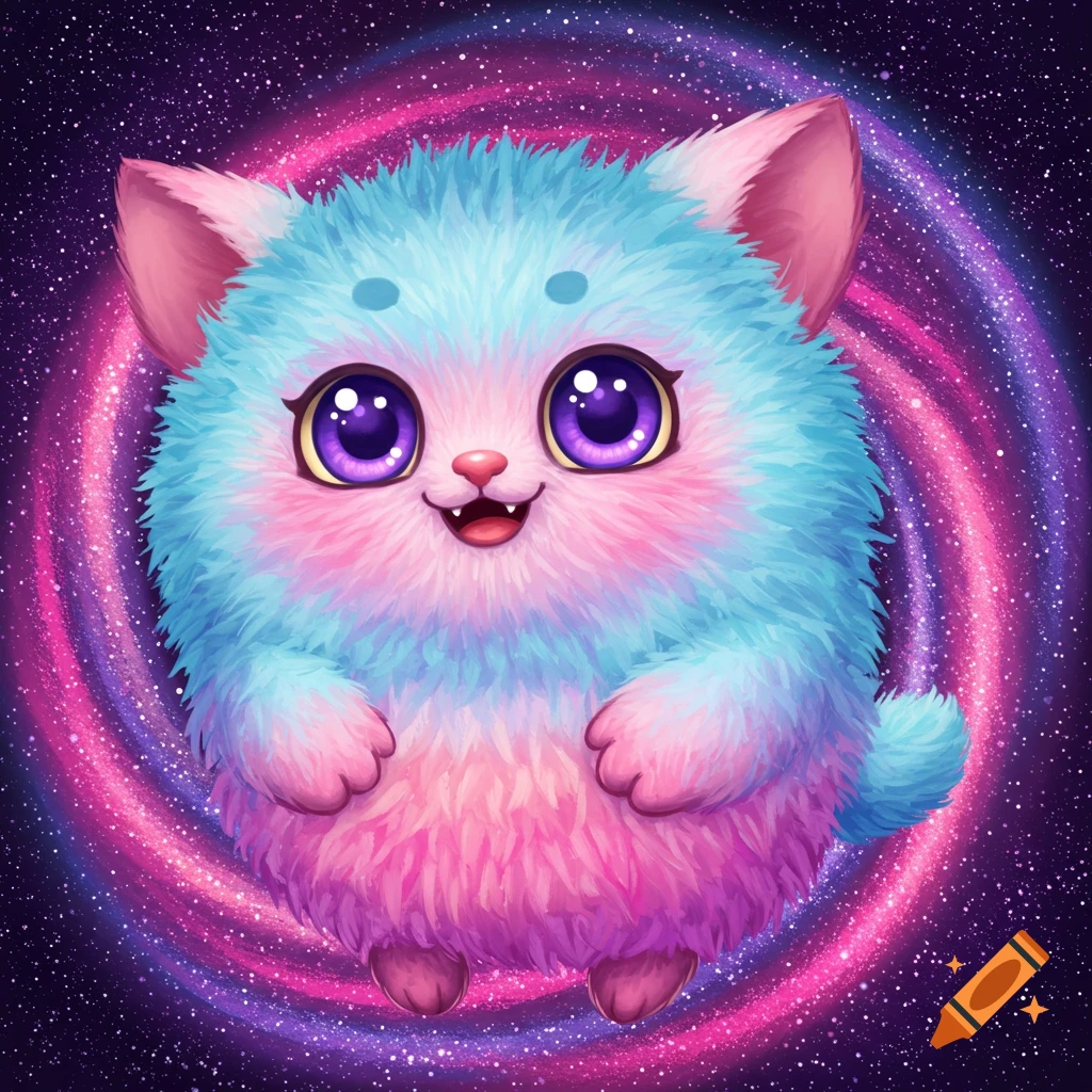 Cute fluffy creature with pink and blue fur and big purple eyes floats in space with a pink and purple nebula behind it. Illustration.