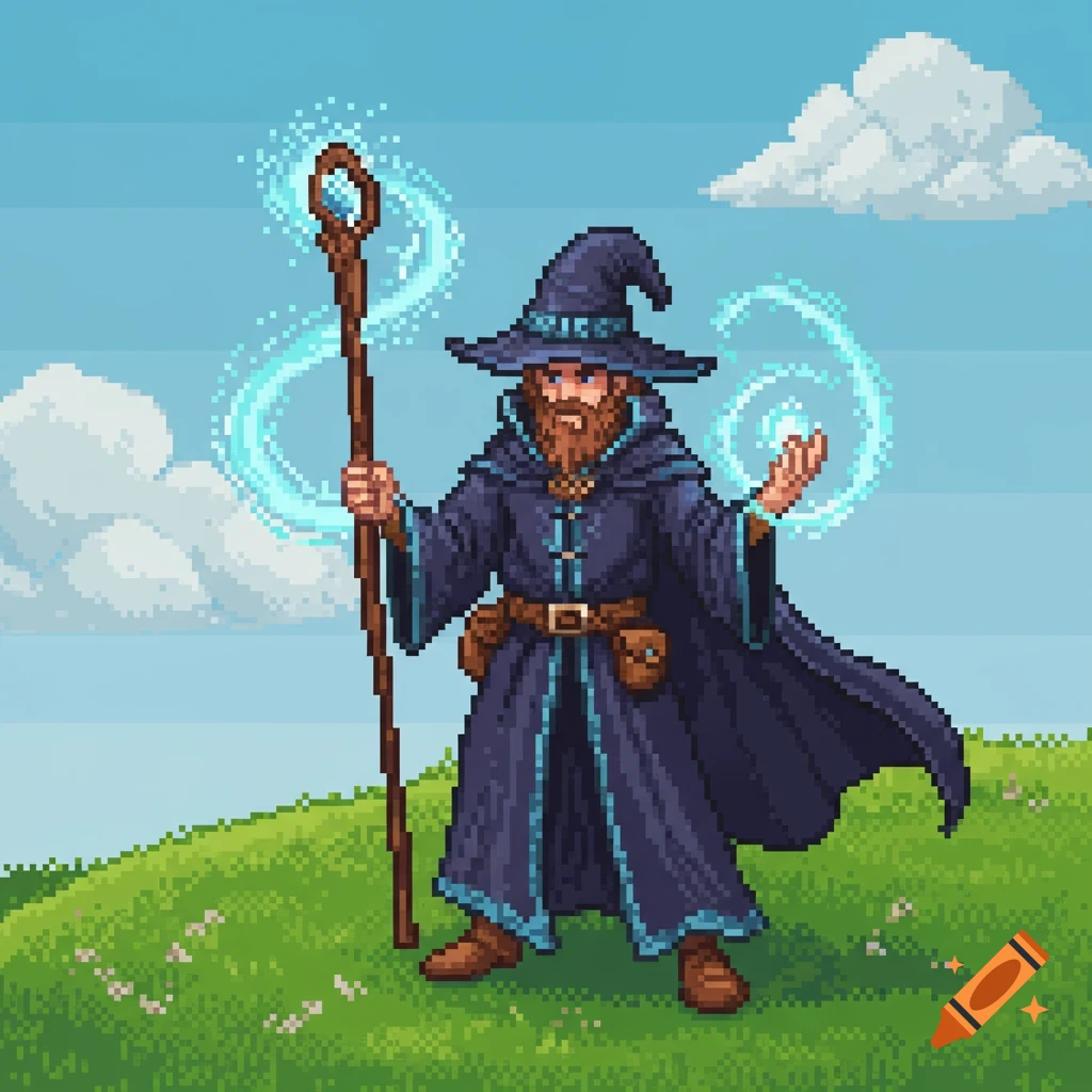 Pixel art of a bearded wizard with a staff casting a spell in a field.