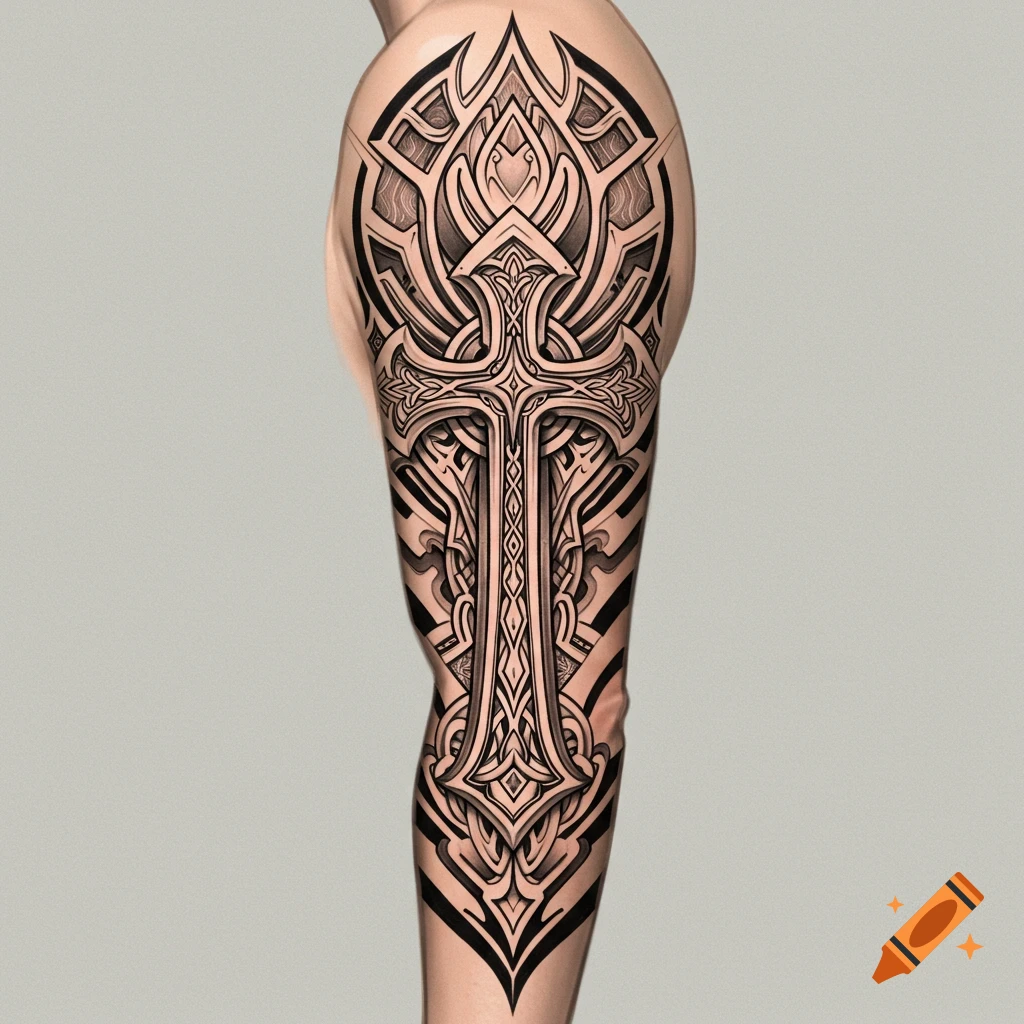 Detailed cross tattoo design on a leg with intricate black and white patterns.