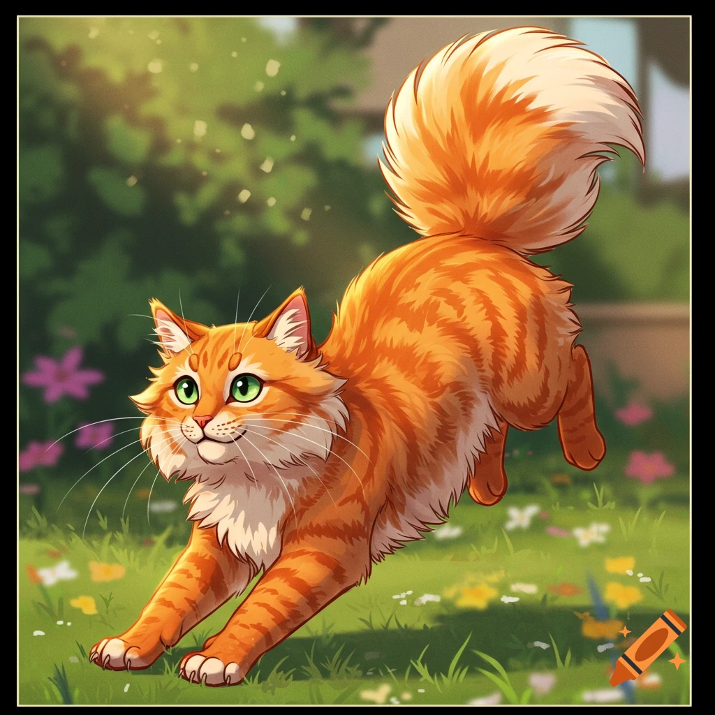 An illustrated fluffy orange tabby cat stretches in a sunny garden