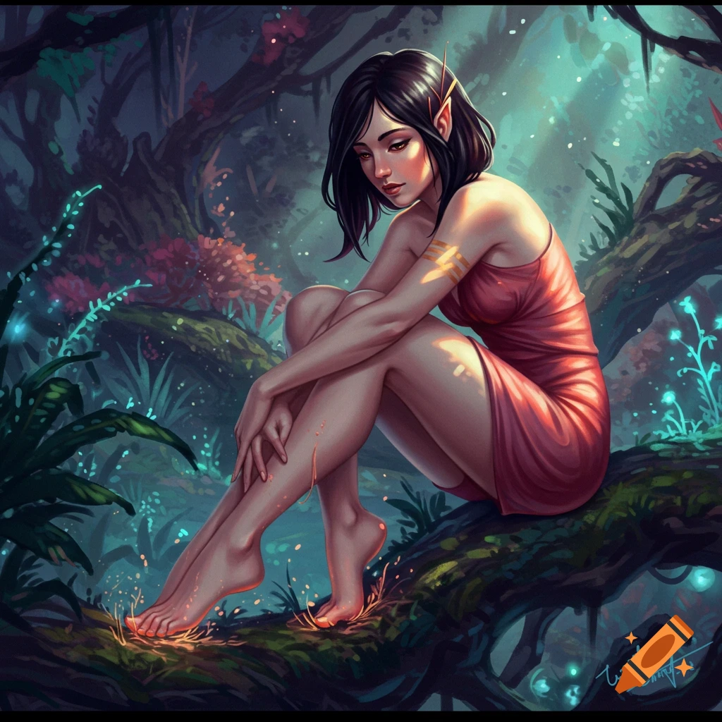 An elven woman in a pink dress sits barefoot on a tree branch in a glowing forest.