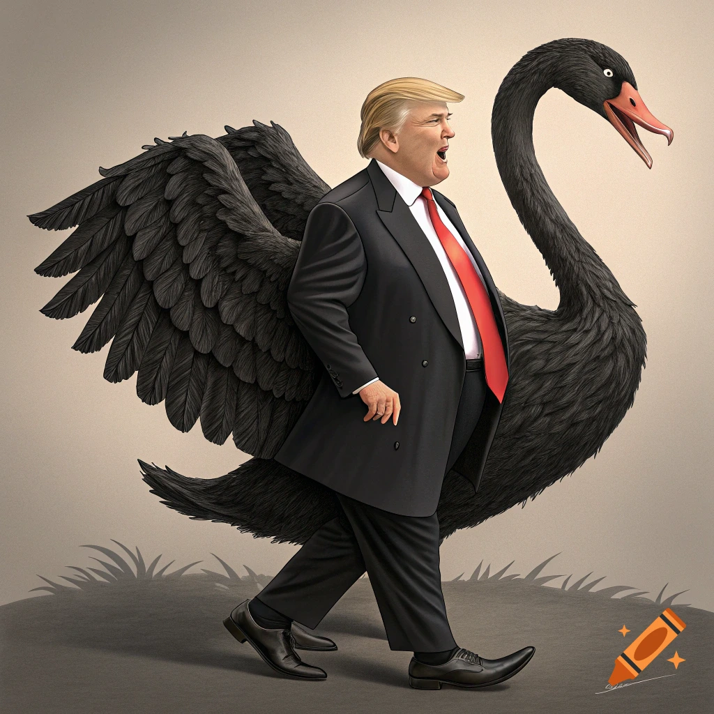 Illustration of Donald Trump in a black swan costume