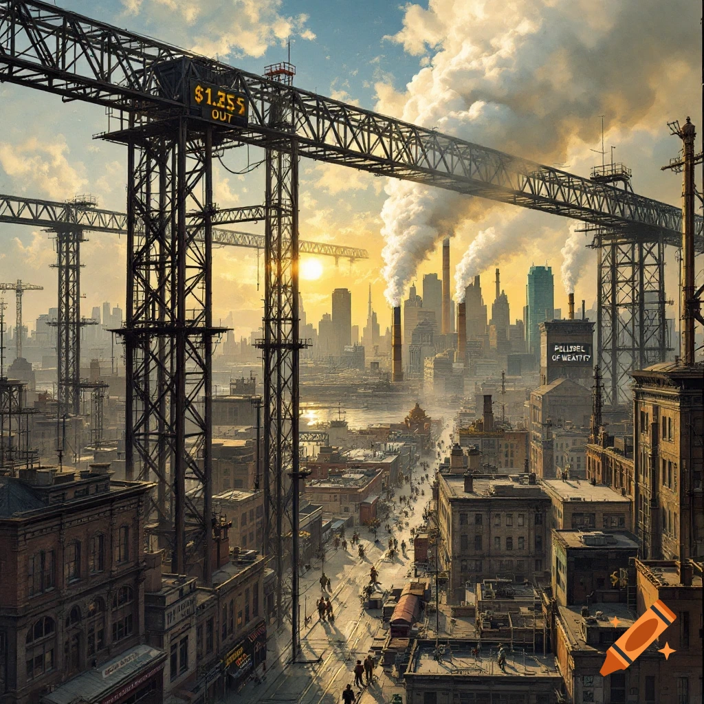 Industrial cityscape with cranes, factories, smoke, and street traffic under a sunset sky.