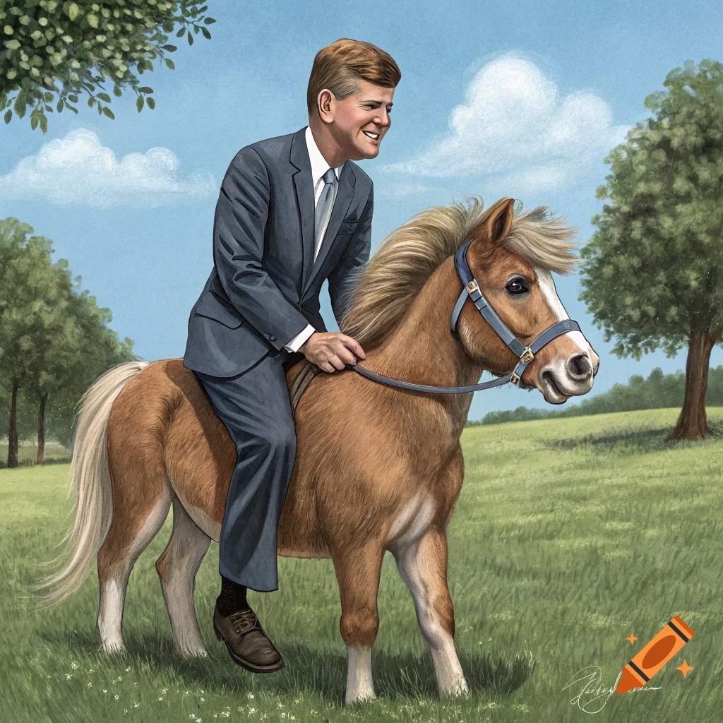 Illustration of John F. Kennedy riding a pony in a grassy field.