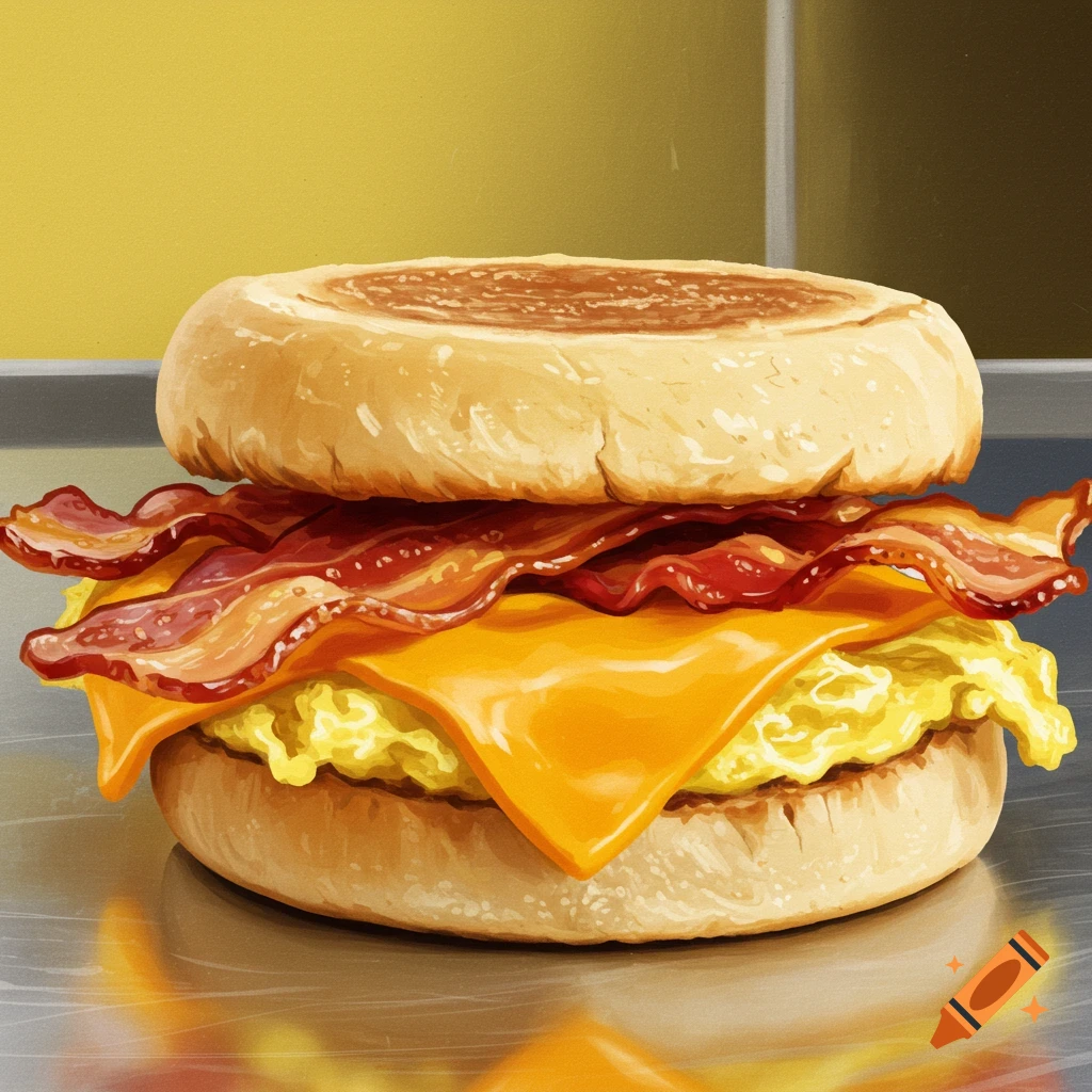 Close-up of a bacon, egg, and cheese breakfast sandwich on an English muffin.