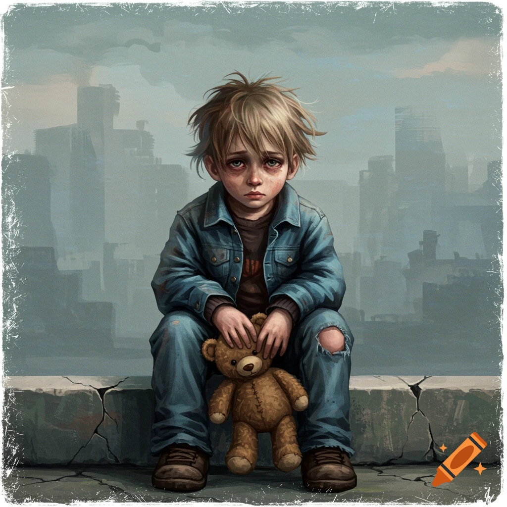 Illustration of a sad child with messy hair, sitting on a concrete ledge, holding a teddy bear, with a hazy urban skyline in the background.