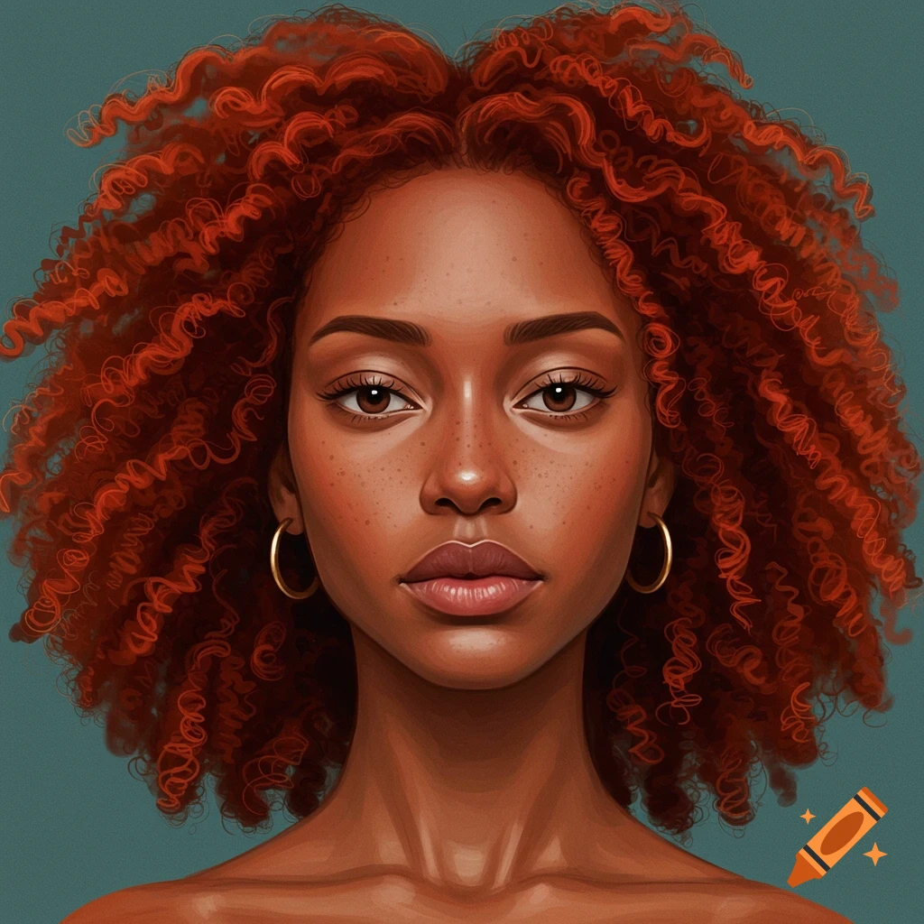 A portrait of a woman with dark skin, freckles, and voluminous curly red hair wearing hoop earrings.