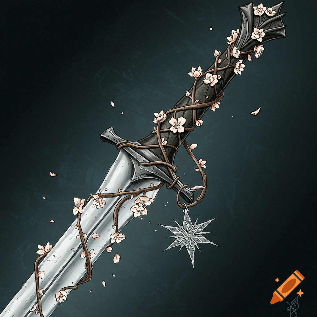 Illustration of a sword wrapped in flowers with a star charm.