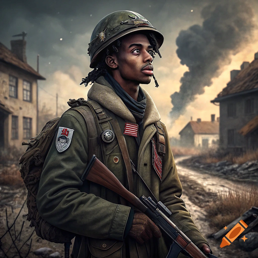 A man in a World War 2 military uniform stands with a rifle in a war-torn town.