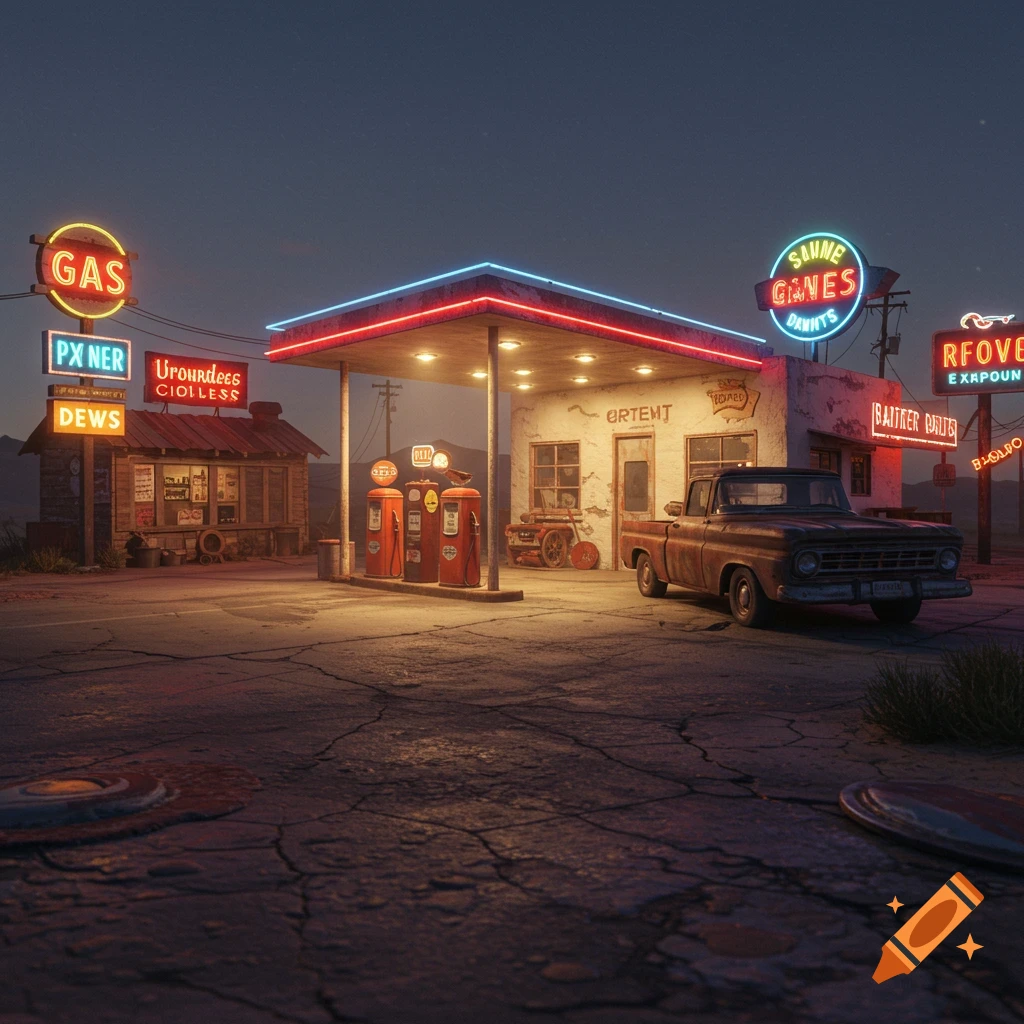Vintage 1950s gas station at dusk with neon signs and rusty pickup ...