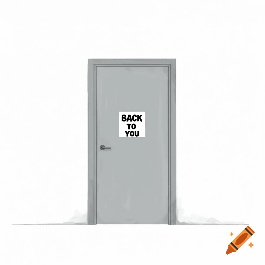 Simple illustration of a door with a sign that reads BACK TO YOU.