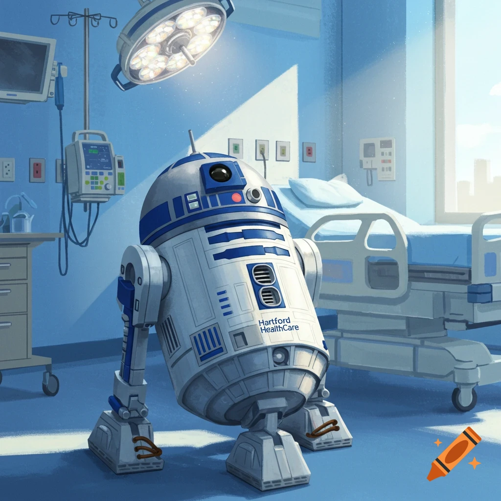 An R2D2-like robot with a Hartford HealthCare logo stands in a hospital room.