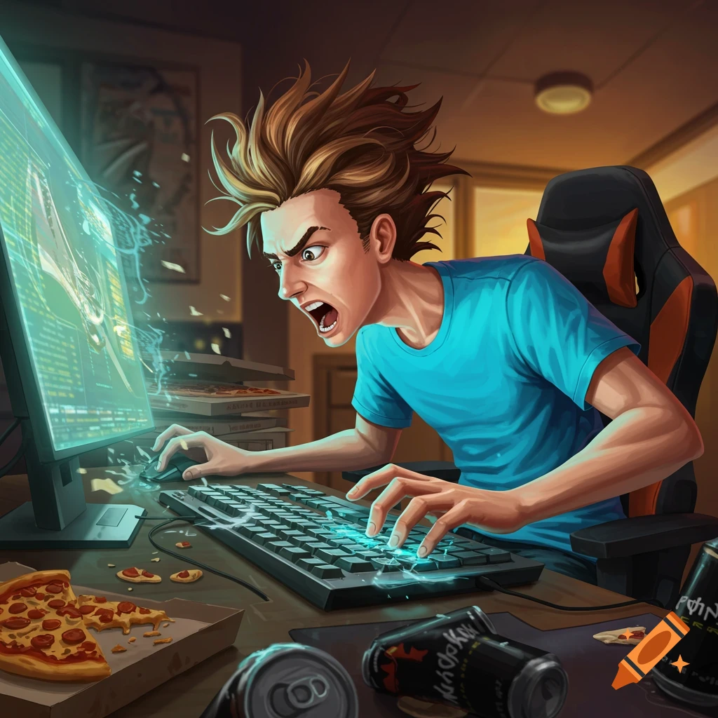 Cartoon illustration of an excited gamer playing at a computer desk messy with pizza and energy drinks
