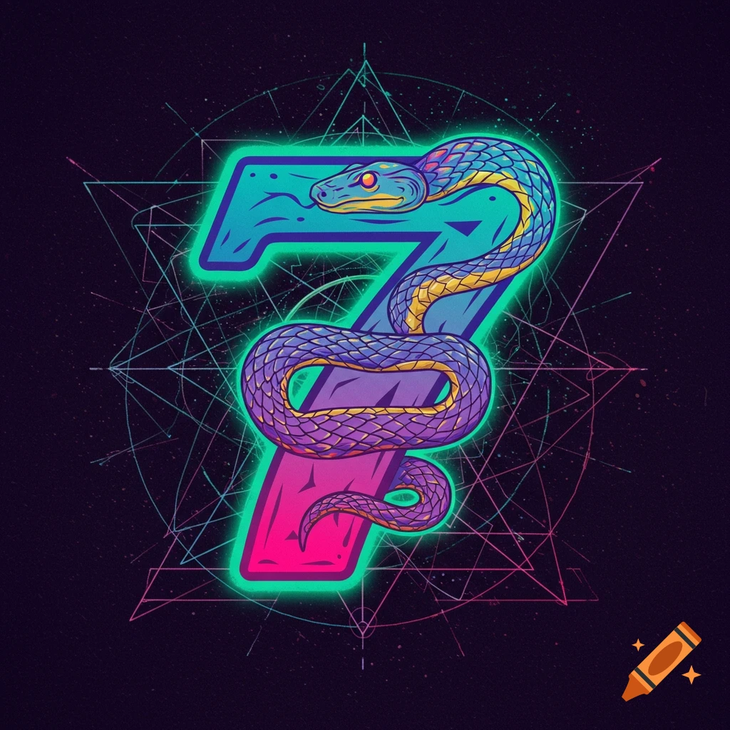 Illustration of the number 7 with a snake coiled around it, featuring geometric patterns and vibrant neon colors.