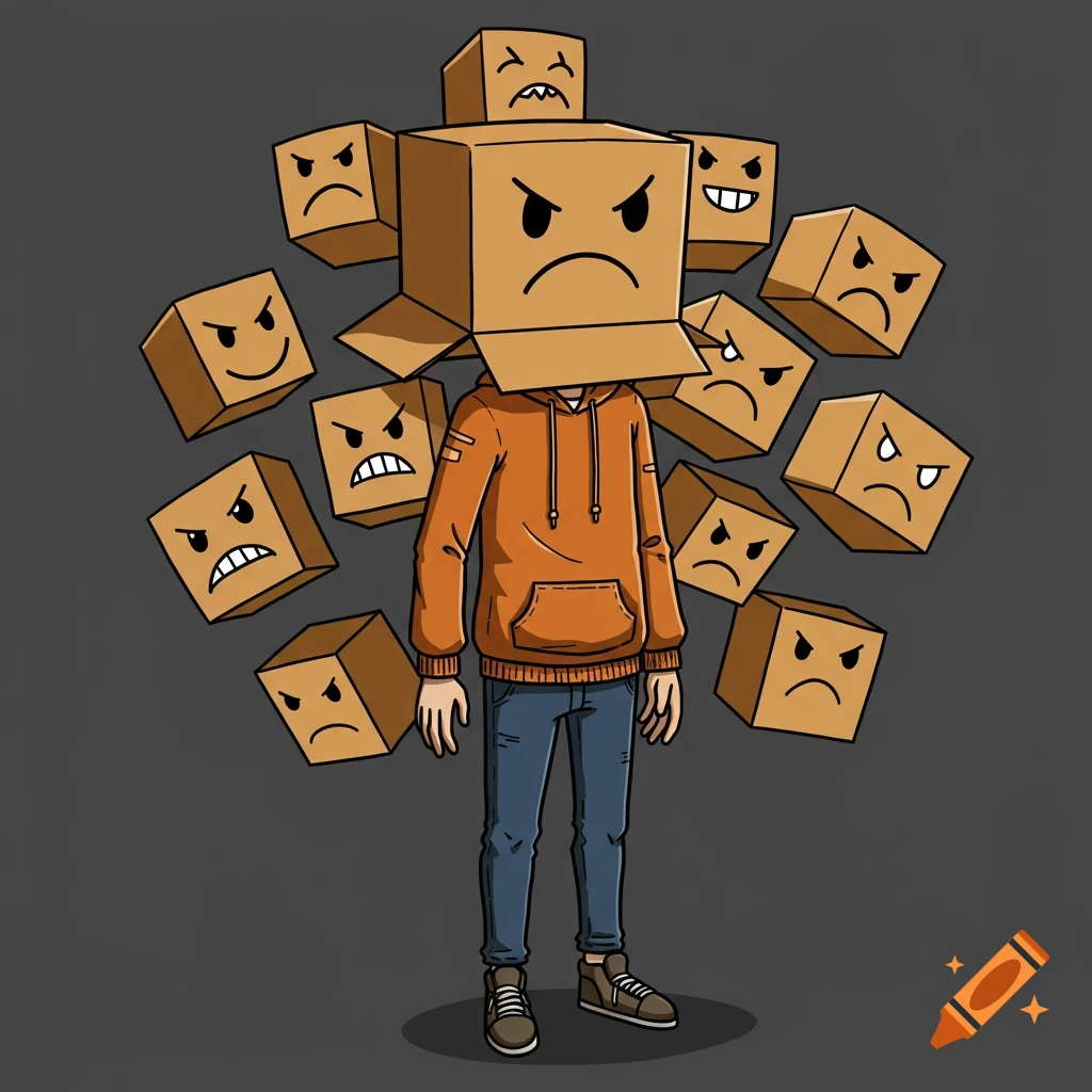 Cartoon illustration of a person with a box head wearing a hoodie, surrounded by boxes with various expressions.
