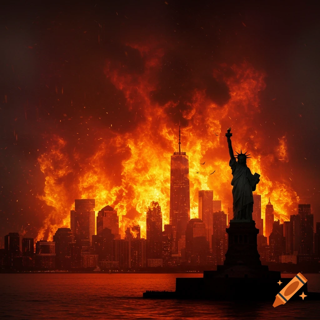 The Statue of Liberty stands before the New York City skyline consumed by large flames and smoke.