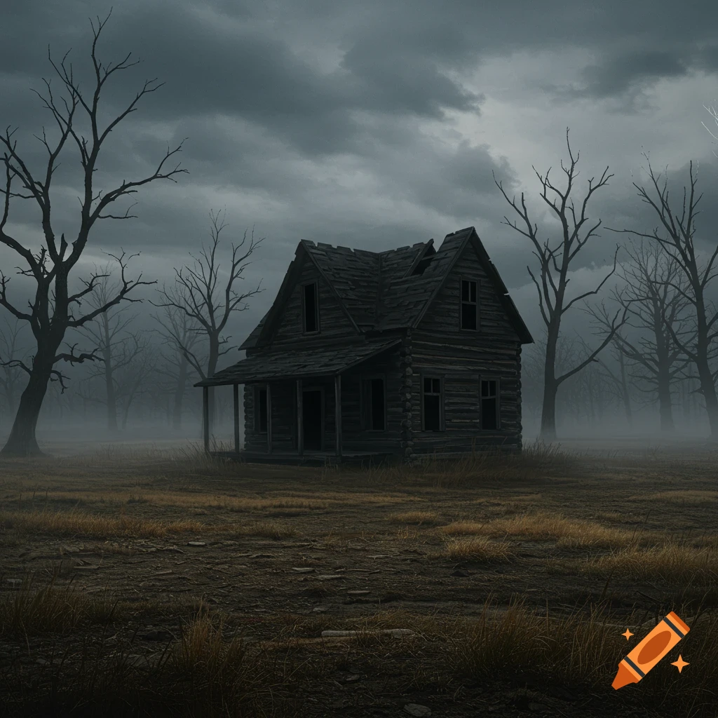 A creepy abandoned log cabin stands in a misty field under a dark, cloudy sky, surrounded by bare trees.