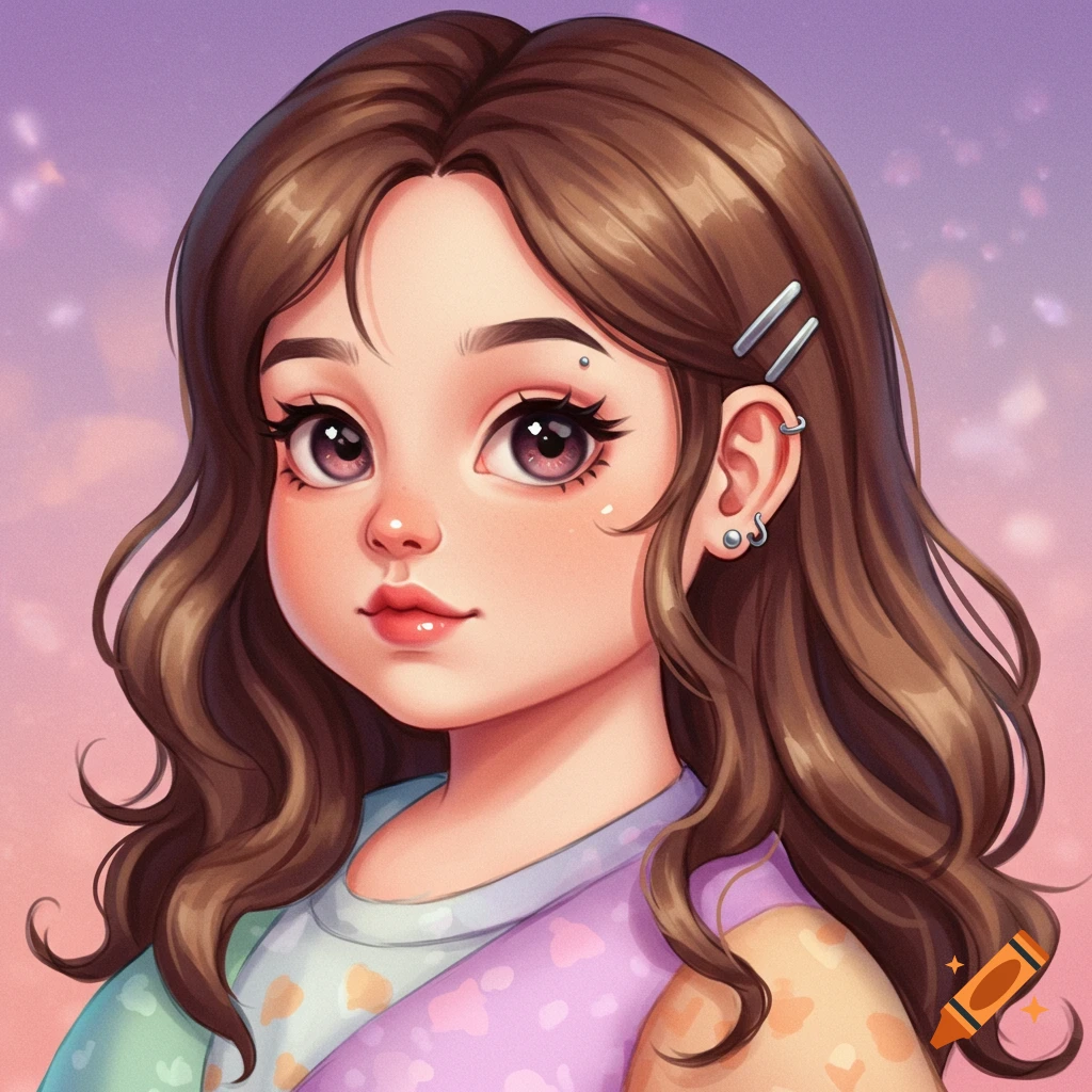 Anime style portrait of a girl with brown hair and ear piercings