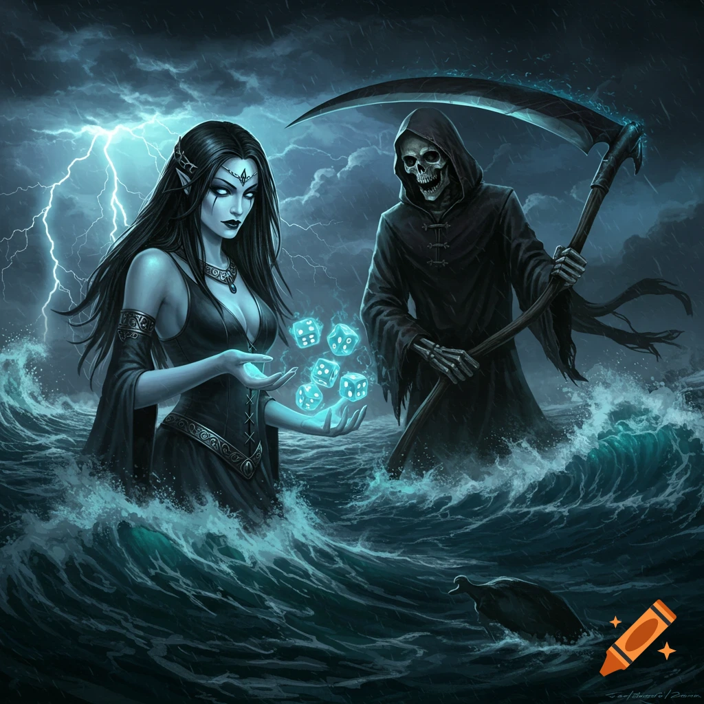 Fantasy art of a woman and the Grim Reaper in a stormy sea with lightning, the woman holding glowing dice.