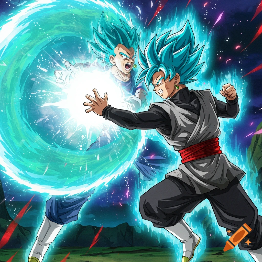 Anime characters with spiky blue hair fighting with energy attacks
