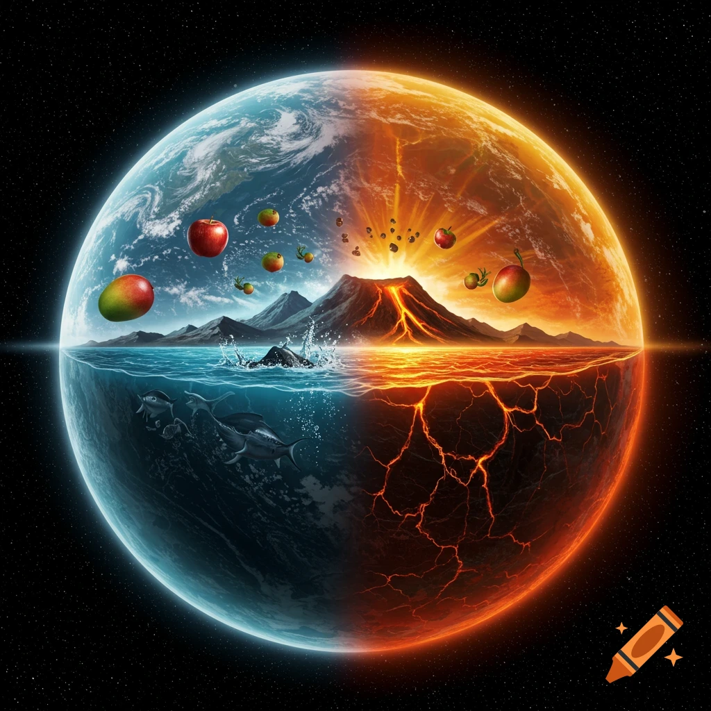 A planet split in half, one side is a blue ocean with fish and mountains, the other is red with lava and cracks. Fruit floats above.
