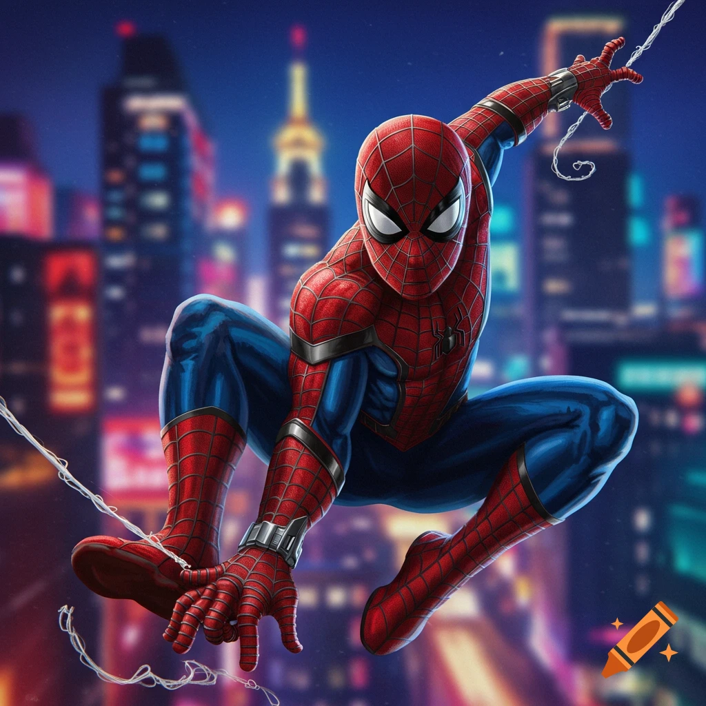 Illustration of Spider-Man crouching with webs against a blurred city skyline at night.