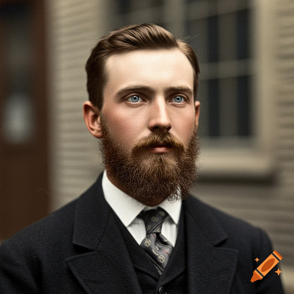 Young man from Quebec in 1905 with brown beard and gray eyes in color photo