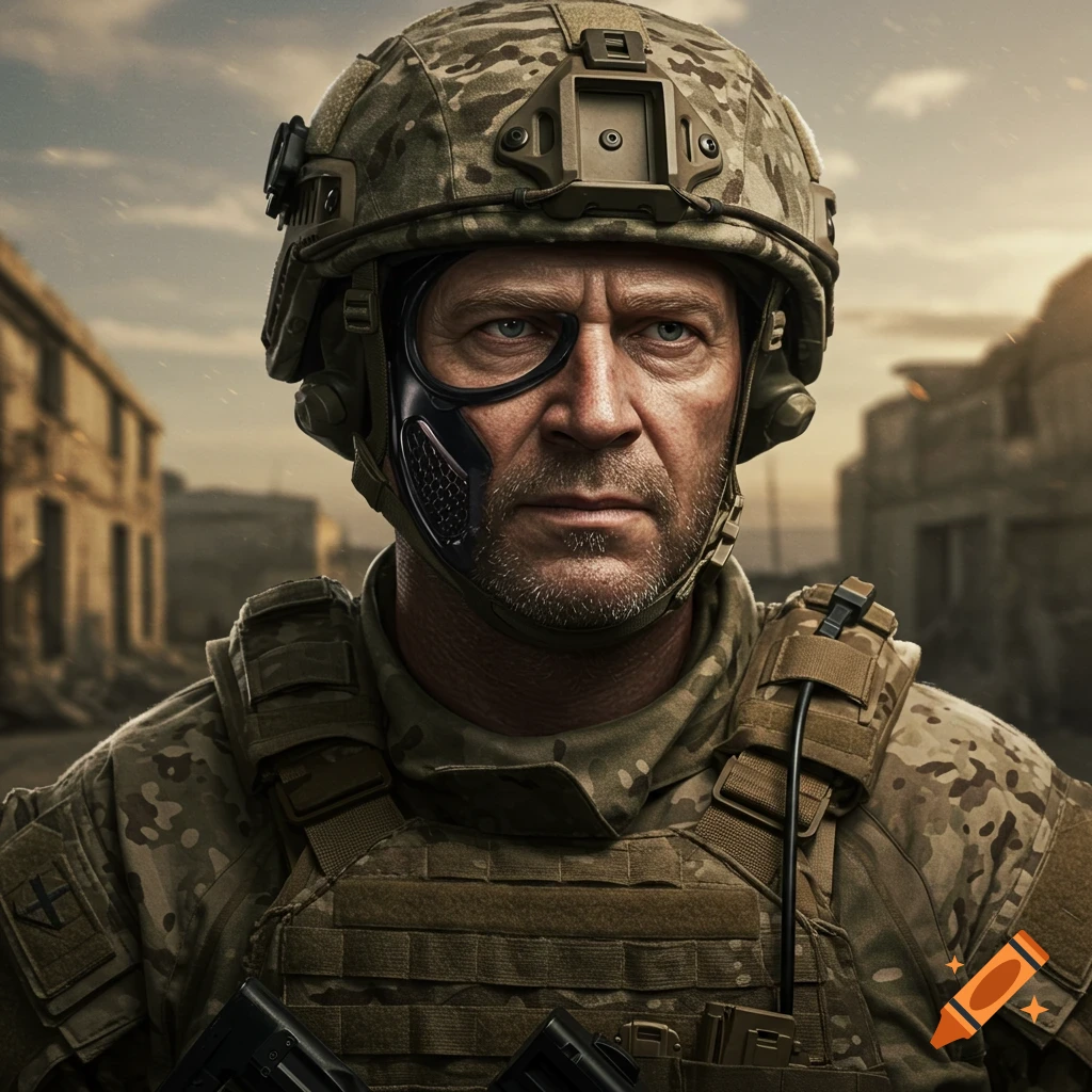 Photorealistic portrait of a soldier in helmet and tactical gear standing in a ruined city