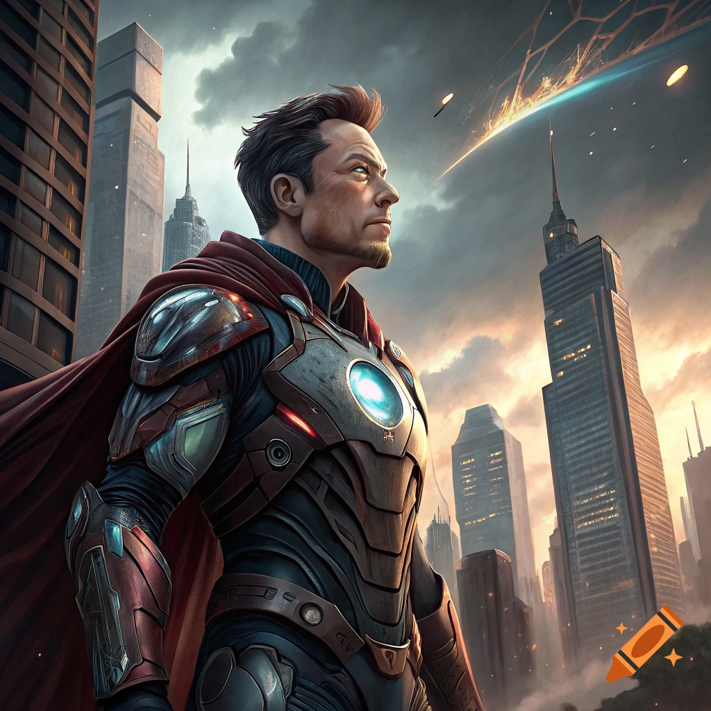 Man resembling Elon Musk in a superhero suit overlooks a city under a dramatic sky with a glowing energy effect.