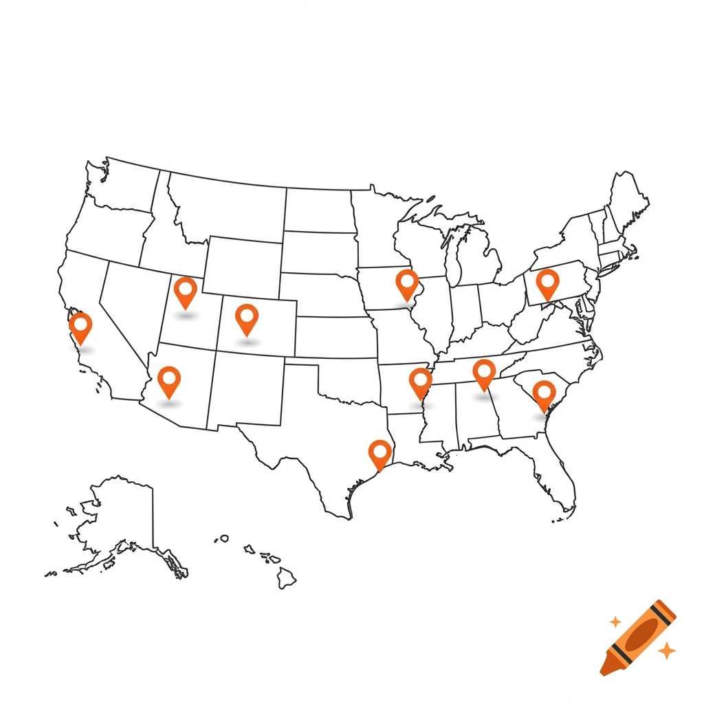 A line drawing map of the United States with orange location pins scattered across different states.
