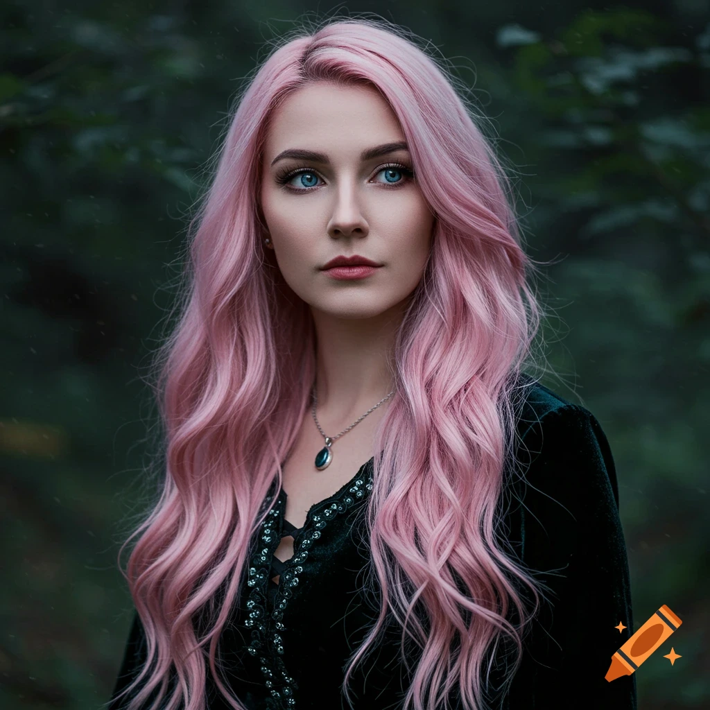Portrait of a woman with pink hair and blue eyes wearing a dark dress in a forest.