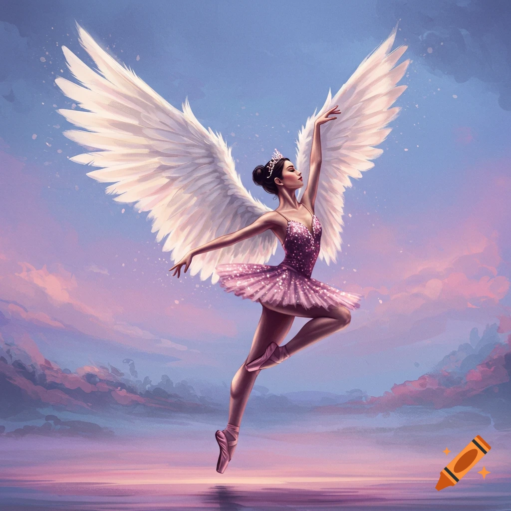 Ballerina with angel wings dancing in a pastel sky above water.
