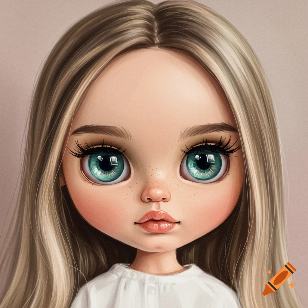 A stylized close-up portrait of a doll with large eyes, long eyelashes, freckles, and blonde hair wearing a white shirt.