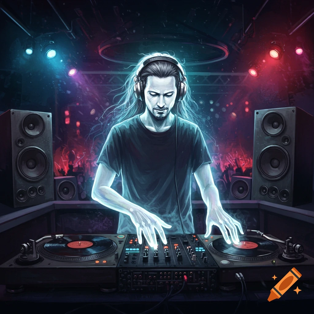 A ghostly figure DJing in a nightclub with colorful lights