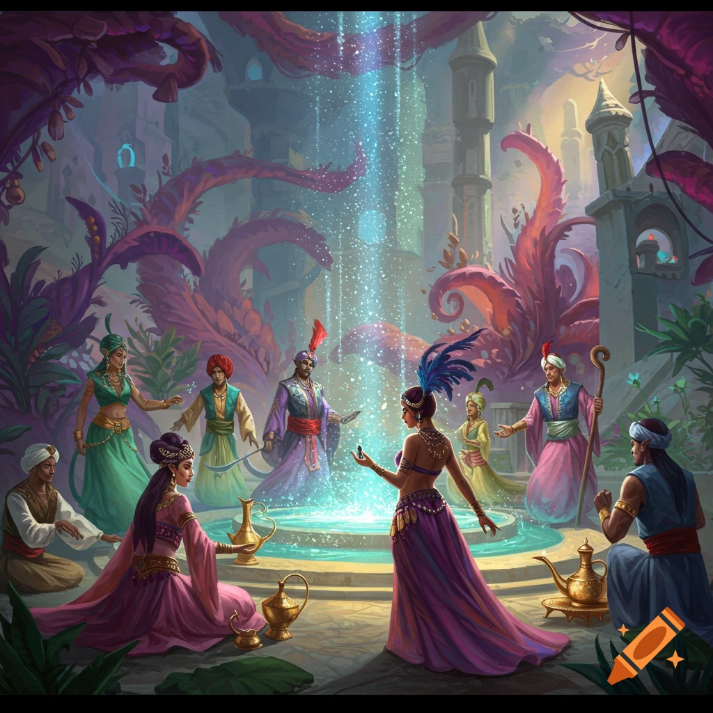 A group of people in colorful fantasy clothing gather around a glowing fountain in a mystical setting.