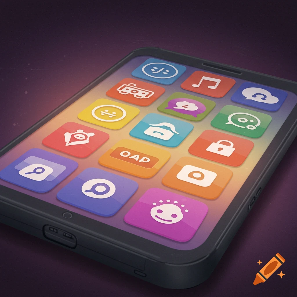 Close-up of a smartphone screen showing numerous colorful, abstract app icons.